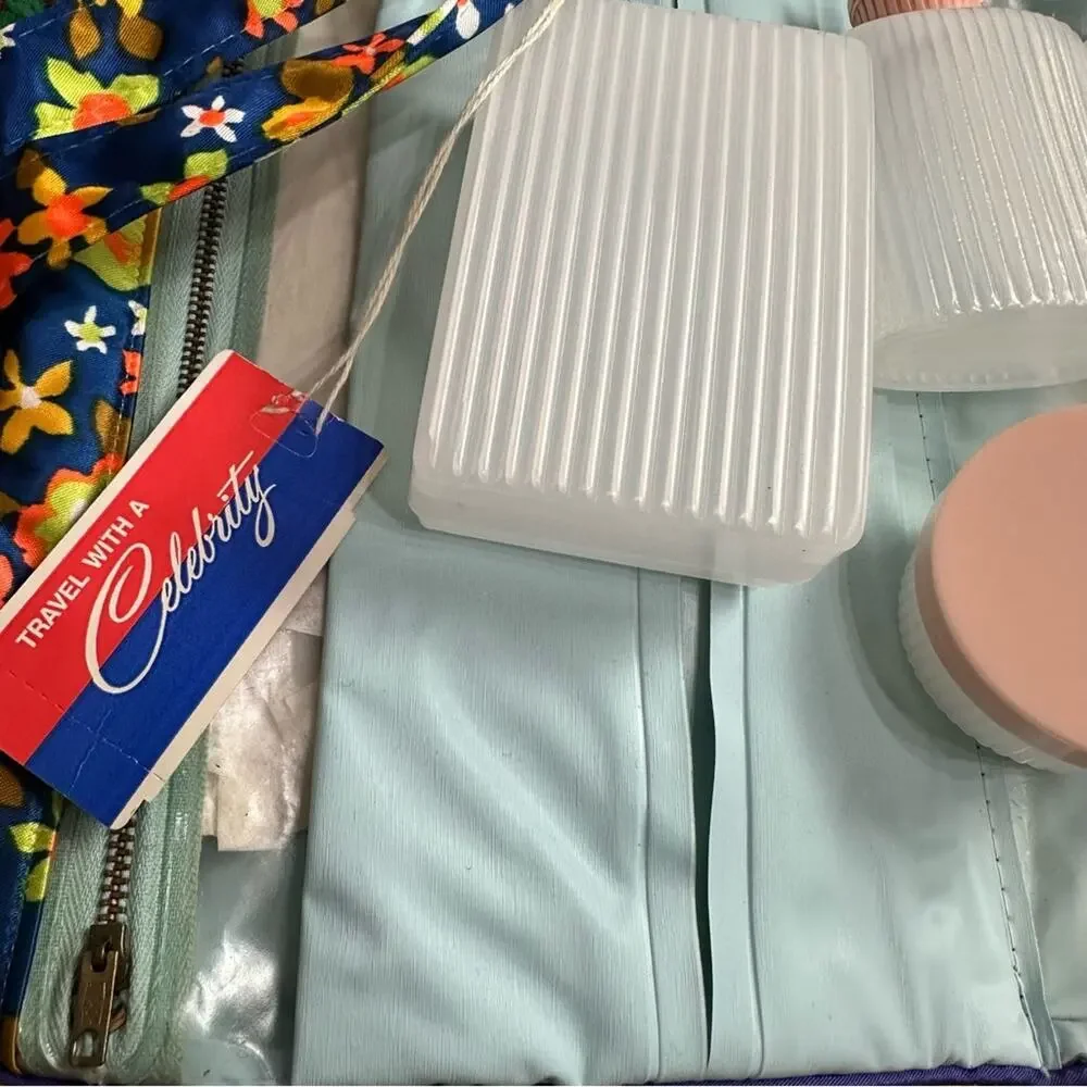 Vintage 60's Celebrity Satin Floral Retro Weekend Toiletry Travel Kit with Jars